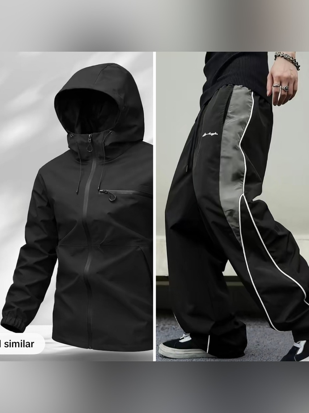 Men's Black Hooded Windbreaker Jacket Pants Set